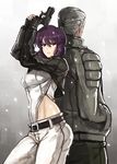  1girl arms_up back-to-back batou belt bodysuit cropped_jacket ghost_in_the_shell gun hands_in_pockets highres kusanagi_motoko leotard lips looking_at_viewer madarame midriff parted_lips ponytail purple_hair red_eyes short_hair weapon 