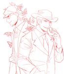  alto_clef assa bags_under_eyes bug butterfly coat commentary_request eating facial_hair glasses hat insect kondraki looking_at_viewer male_focus multiple_boys necktie parted_lips scp-408 scp_foundation sketch smile 