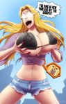  black_bra bleach blonde_hair bra breast_grab breast_lift breasts cutoffs denim denim_shorts gairon grabbing huge_breasts kon long_hair matsumoto_rangiku midriff mole nail_polish navel possession shorts underwear 