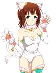  amami_haruka animal_costume animal_ears bell bell_collar brown_hair cat_costume cat_ears cat_tail collar elbow_gloves gloves green_eyes idolmaster idolmaster_(classic) koiwai_ringo looking_at_viewer paw_gloves paws short_hair solo tail tail_bell thighhighs 