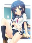  aikawa_touma aragaki_ayase black_hair blue_eyes desk long_hair ore_no_imouto_ga_konna_ni_kawaii_wake_ga_nai school_desk school_swimsuit school_uniform serafuku sitting swimsuit swimsuit_pull swimsuit_under_clothes wet 