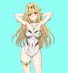  1girl alternate_costume aqua_background armpits arms_up athenawyrm bare_shoulders blonde_hair blush breasts cleavage covered_navel eyebrows_visible_through_hair hands_in_hair hikari_(xenoblade_2) jewelry long_hair looking_at_viewer medium_breasts necklace nintendo nose_blush one-piece_swimsuit simple_background solo standing swimsuit tiara xenoblade_(series) xenoblade_2 yellow_eyes 