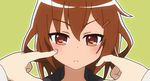  &gt;_&lt; :&lt; angry animated animated_gif blush brown_eyes brown_hair cheek_poking closed_eyes fangs green_background hair_ornament hairclip homura-yoshida35 ikazuchi_(kantai_collection) kantai_collection mikakunin_de_shinkoukei mitsumine_mashiro o_o open_mouth outline parody poking short_hair simple_background solo zentaiteki_ni_sensation 