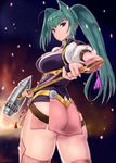  akari_acura ass blue_eyes breasts green_hair hair_intakes hammer highres hitsugi_no_chaika large_breasts long_hair looking_at_viewer ponytail rasukaru solo 