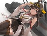  ahoge arm_up bare_shoulders blush boots brown_hair detached_sleeves double_bun hair_ornament hairband japanese_clothes kantai_collection kongou_(kantai_collection) long_hair looking_down nontraditional_miko salute skirt smile solo tea_(nakenashi) thigh_boots thighhighs zettai_ryouiki 