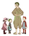  3boys apron barrel_(nbc) cloak commentary_request dress dressing dressing_another head_scarf kiri_futoshi lock_(nbc) multiple_boys oogie_boogie red_dress shock_(nbc) short_hair simple_background standing the_nightmare_before_christmas tying very_short_hair white_background 