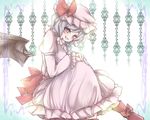  bat_wings boots dress fang hand_on_hand hand_on_own_knee hat hat_ribbon karuga_(magusfly24) knees_together_feet_apart lavender_hair long_dress looking_at_viewer pink_dress red_eyes remilia_scarlet ribbon short_hair sitting smile solo touhou wings 
