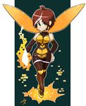  1girl avengers bare_shoulders bee_costume chibi detached_sleeves disk_wars_avengers earrings full_body green_eyes highres insect_wings janet_van_dyne jewelry looking_at_viewer marvel multicolored_hair outside_border sarikyou smile solo wasp_(marvel) wings 