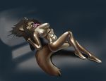  breasts brown_hair brown_skin canine female hair hairband latex_(artist) long_hair looking_at_viewer lying mammal nude on_back open_mouth pose rubber shoes solo tongue tongue_out 
