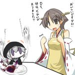  2girls apron bad_food blush_stickers brown_eyes brown_hair chibi commentary curry curry_rice detached_sleeves eating food goma_(gomasamune) headgear hiei_(kantai_collection) hood kantai_collection multiple_girls nontraditional_miko pale_skin puka_puka purple_eyes re-class_battleship ribbon-trimmed_sleeves ribbon_trim rice shinkaisei-kan short_hair spoon translated 