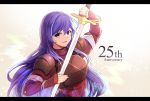  1girl anniversary blue_eyes blue_hair bracelet breastplate elbow_gloves fingerless_gloves fire_emblem fire_emblem:_monshou_no_nazo gloves highres holding holding_sword holding_weapon jewelry long_hair nakabayashi_zun nintendo parted_lips sheeda simple_background solo sword upper_body weapon white_background 