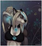 black_nose bust canine clothed clothing female gorsh_dolderan green_eyes mammal necklace pawprint ponytail shirt skimpy smile solo tank_top wolf 