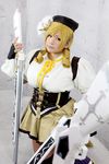  1girl asian blonde_hair breasts brown_eyes chouzuki_maryou cosplay drill_hair fingerless_gloves gloves gun hat large_breasts magical_musket mahou_shoujo_madoka_magica musket photo plump solo tomoe_mami tomoe_mami_(cosplay) twin_drills weapon 