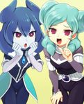  aqua_hair beta_(inazuma_eleven) blue_hair blue_skin inazuma_eleven_(series) inazuma_eleven_go inazuma_eleven_go_chrono_stone inazuma_eleven_go_galaxy long_hair looking_at_viewer multicolored_hair multiple_girls no_pupils open_mouth powai_pichori protocol_omega riho simple_background thigh_gap two-tone_hair white_hair 