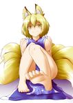  animal_ears bare_legs barefoot blonde_hair breasts feet fox_ears fox_tail full_body highres kitsunetsu_(rcu_be1s) large_breasts light_smile looking_at_viewer multiple_tails naked_tabard no_hat no_headwear pov_feet short_hair sideboob simple_background sitting soles solo tabard tail toenails touhou white_background yakumo_ran yellow_eyes 