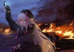  1girl bag bangs beret black_hat blue_eyes burning cellphone desert_tech_mdr drone eyebrows_visible_through_hair eyes_visible_through_hair fire flip_phone girls_frontline gloves grey_hair gsong-chan gun hat heterochromia highres load_bearing_vest long_hair looking_at_viewer mdr_(girls_frontline) multicolored_hair night night_sky one_side_up open_mouth phone pink_eyes pink_hair pom_pom_(clothes) shoulder_bag sidelocks signal_bar sky smoke solo strap streaked_hair trigger_discipline vehicle weapon 