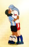  2boys armband black_hair blue_hair blush dark_skin edgar_valtinas eyebrows eyes_closed height_difference inazuma_eleven inazuma_eleven_(series) kiss leaning leaning_back leaning_forward long_hair male male_focus multiple_boys ponytail riko_(artist) soccer_uniform sportswear sweatdrop teres_tolue thick_eyebrows uniform yaoi 