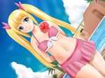  bad_id bad_pixiv_id bikini blonde_hair blue_eyes blush hair_ribbon long_hair nobuhiro original pool ribbon smile solo swimsuit twintails 