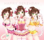  :d ;d amnos18 animal_ears armband bare_shoulders bell bell_collar black_bow blush bow bra bracelet breasts brown_hair cat_ears cat_paws cat_tail choker cleavage collar collarbone fang frilled_collar frilled_skirt frills gradient gradient_background green_eyes hand_on_own_thigh happy_birthday heart highres idolmaster idolmaster_cinderella_girls jewelry large_breasts layered_skirt looking_at_viewer maekawa_miku midriff multiple_girls multiple_persona navel one_eye_closed open_mouth orange_bow paw_pose paws pink_bow pink_choker pink_legwear pink_skirt polka_dot polka_dot_background red_choker ribbon short_ponytail shorts skirt smile tail tail_bow thighhighs underwear yellow_bra yellow_ribbon yellow_shorts zettai_ryouiki 