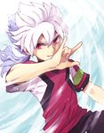  \m/ armband blue_hair hakuryuu_(inazuma_eleven) inazuma_eleven_(series) inazuma_eleven_go inazuma_eleven_go_galaxy male_focus md5_mismatch multicolored_hair ponytail red_eyes resistance_japan riho soccer_uniform solo sportswear two-tone_hair white_hair 