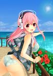  :d absurdres ass bad_id bad_pixiv_id bikini bikini_under_clothes blue_sky breasts cloud day flower headphones hibiscus highres hood hoodie large_breasts long_hair looking_at_viewer nitroplus ocean open_mouth pink_eyes pink_hair pointing railing sky smile solo sun super_sonico swimsuit swimsuit_under_clothes wakuta_chisaki 