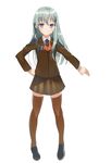  alternate_eye_color aqua_hair ascot black_footwear blue_eyes bow bowtie brown_legwear brown_skirt buttons full_body hair_ornament hairclip hand_on_hip kantai_collection long_hair long_sleeves looking_at_viewer shoes shoulder_pads skirt smile solo suzuya_(kantai_collection) thighhighs touyama_eight uniform white_background zettai_ryouiki 
