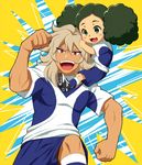  1girl blush_stickers earth_eleven green_eyes green_hair height_difference inazuma_eleven_(series) inazuma_eleven_go inazuma_eleven_go_galaxy kusaka_ryuuji long_hair morimura_konoha no_pupils open_eyes open_mouth red_eyes riho soccer_uniform sportswear 