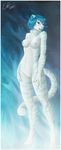  abstract_background anthro blue_hair breasts digitigrade feline female fur hair lordinheaven mammal markings nude open_mouth pose purple_eyes pussy solo standing stripes tiger vampi white_fur 