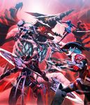  3boys android arms_up card chic_jaeger chrome_dragon cowboy_hat dual_wielding energy_blade energy_weapon equestior from_behind gun hat holding motion_blur multiple_boys open_mouth phantasy_star phantasy_star_online_2 reverse_grip ronia_series sega weapon weiss_croon 