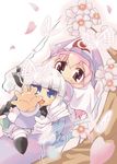  blue_eyes buchi_maru bug butterfly cherry_blossoms chibi ghost hair_ribbon hat hitodama insect konpaku_youmu konpaku_youmu_(ghost) multiple_girls petals pink_eyes pink_hair ribbon saigyouji_yuyuko short_hair silver_hair touhou 