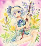  bad_id bad_pixiv_id black_hairband blue_eyes flower hairband katana konpaku_youmu mouth_hold pemoko ribbon short_hair silver_hair solo sword touhou traditional_media watercolor_(medium) weapon 