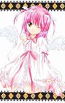  angel angel_wings frills frilly long_hair pink_hair smile wings wink winking yellow_eyes 