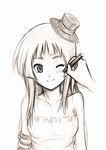  akiyama_mio bangs blunt_bangs don't_say_&quot;lazy&quot; elbow_gloves facepaint gloves hat hime_cut k-on! long_hair mini_hat mini_top_hat monochrome one_eye_closed sketch smile solo top_hat wakai_sora 