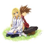  1girl aria_(aria_chu) back-to-back blonde_hair blue_eyes boots brown_hair choker closed_eyes collet_brunel couple crossed_arms hetero indian_style jewelry lloyd_irving long_hair pantyhose red_shirt shirt sitting sleeping smile tales_of_(series) tales_of_symphonia wariza 
