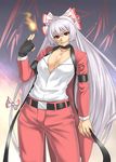  bangs breasts choker cleavage collarbone cosplay fire fujiwara_no_mokou gloves houtengeki jacket large_breasts long_hair red_eyes ribbon rugal_bernstein rugal_bernstein_(cosplay) solo tattoo the_king_of_fighters touhou white_hair 