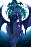  akito animal_print aqua_eyes aqua_hair bare_shoulders bat_print bat_wings breasts cleavage demon_girl detached_sleeves elbow_gloves gloves glowing glowing_eyes head_wings large_breasts leotard lips long_hair moon moonlight morrigan_aensland pantyhose print_legwear solo succubus vampire_(game) wide_hips wings 