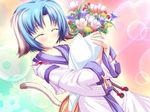  animal_ears blue_hair blush bouquet closed_eyes flower game_cg haruhi_sarasa highres inakoi short_hair smile solo tail tenmaso 