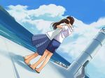  1girl brown_hair cloud day hate_shinaku_aoi_kono_sora_no_shita_de.... hood hoodie hug kaida_masashi lighthouse long_hair ocean outdoors plaid plaid_skirt shoes shorts skirt sky standing takamichi water yoshino_amane 