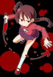  azumi_haruhito bad_id bad_pixiv_id blood braid brown_hair child knife long_hair madotsuki miniskirt pink_shirt pleated_skirt purple_skirt red_eyes shirt shoes skirt socks solo standing twin_braids weapon yume_nikki 