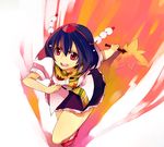  blue_hair fan foreshortening geta hat hauchiwa looking_at_viewer miniskirt multicolored_hair open_mouth pink_hair red_eyes ribbon running sawamura_hikaru shameimaru_aya short_hair skirt smile solo tengu-geta tokin_hat touhou two-tone_hair 