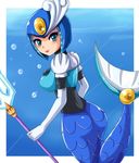  blue_eyes blush breasts bubble curvy elbow_gloves framed gloves helmet lipstick looking_at_viewer looking_back makeup medium_breasts mermaid monster_girl polearm rockman rockman_(classic) rockman_9 sigurd_hosenfeld smile solo splash_woman trident underwater weapon wide_hips 