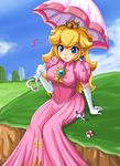  1girl blonde_hair blue_eyes breasts company_connection crossover day deviantart_sample earrings eighth_note giantess gloves image_sample jewelry kojirou_(pokemon) mario_(series) medium_breasts mushroom musical_note pokemon pokemon_(anime) princess_peach pun ring sigurd_hosenfeld sitting super_mario_bros. super_mushroom team_rocket too_literal umbrella when_you_see_it 