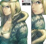  blonde_hair breasts casual cleavage face green_eyes hat jewelry krenz large_breasts long_hair necklace original 