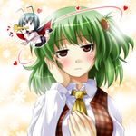  antennae ascot bad_id bad_pixiv_id blush bugle cape green_hair instrument kazami_yuuka multiple_girls plaid plaid_vest red_eyes short_hair touhou umekichi vest wriggle_nightbug 