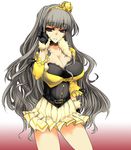  aoguu beyond_the_nobles breasts choker cleavage curly_hair gloves grey_hair hair_ornament hairband huge_breasts idolmaster idolmaster_(classic) idolmaster_sp legs long_hair miniskirt pleated_skirt ribbon shijou_takane silver_hair skirt smile solo standing very_long_hair wavy_hair yellow_hairband 