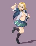  ahoge black_legwear blazer blonde_hair breasts choker cleavage full_body jacket large_breasts long_hair miniskirt naoyuki navel open_clothes open_mouth open_shirt pleated_skirt school_uniform shin_megami_tensei shin_megami_tensei:_if... shirakawa_yumi shirt shoes simple_background skirt socks solo standing torn_clothes 