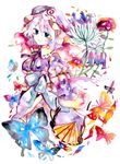  blue_eyes bug butterfly colorful fan flower hat highres insect japanese_clothes kimono legomaru pink_hair saigyouji_yuyuko short_hair solo touhou traditional_media watercolor_(medium) 