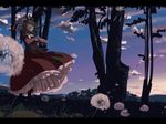  anime_coloring blurry boots cloud dandelion depth_of_field evening flower front_ponytail hair_ribbon kagiyama_hina letterboxed long_skirt nature ribbon scenery short_sleeves skirt skirt_set sky solo standing sunset takuzui touhou tree twilight wind wind_lift 