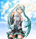  aqua_eyes aqua_hair aqua_nails black_legwear cloud day detached_sleeves hair_ornament hatsune_miku headset long_hair miniskirt nail_polish necktie pleated_skirt sidelocks skirt sky smile solo standing thighhighs twintails v-mag very_long_hair vocaloid zettai_ryouiki 