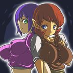  anju blue_eyes breasts chris_(mario) covered_nipples green_eyes large_breasts lowres mini-game_operator multiple_girls pointy_breasts pointy_ears purple_hair the_legend_of_zelda 